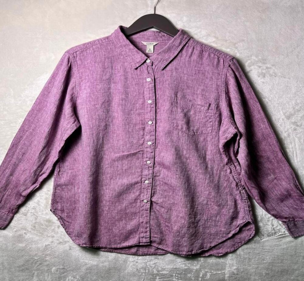 LL Bean 100% Heathered Linen Button Up Shirt Women's XL Red Plum Natural Coastal
